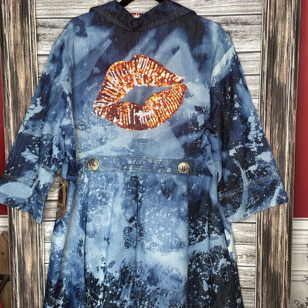 Y2K Vintage UpCycled Denim Sequin Bling Red Lips Gypsy 3/4 Duster Coat Jacket